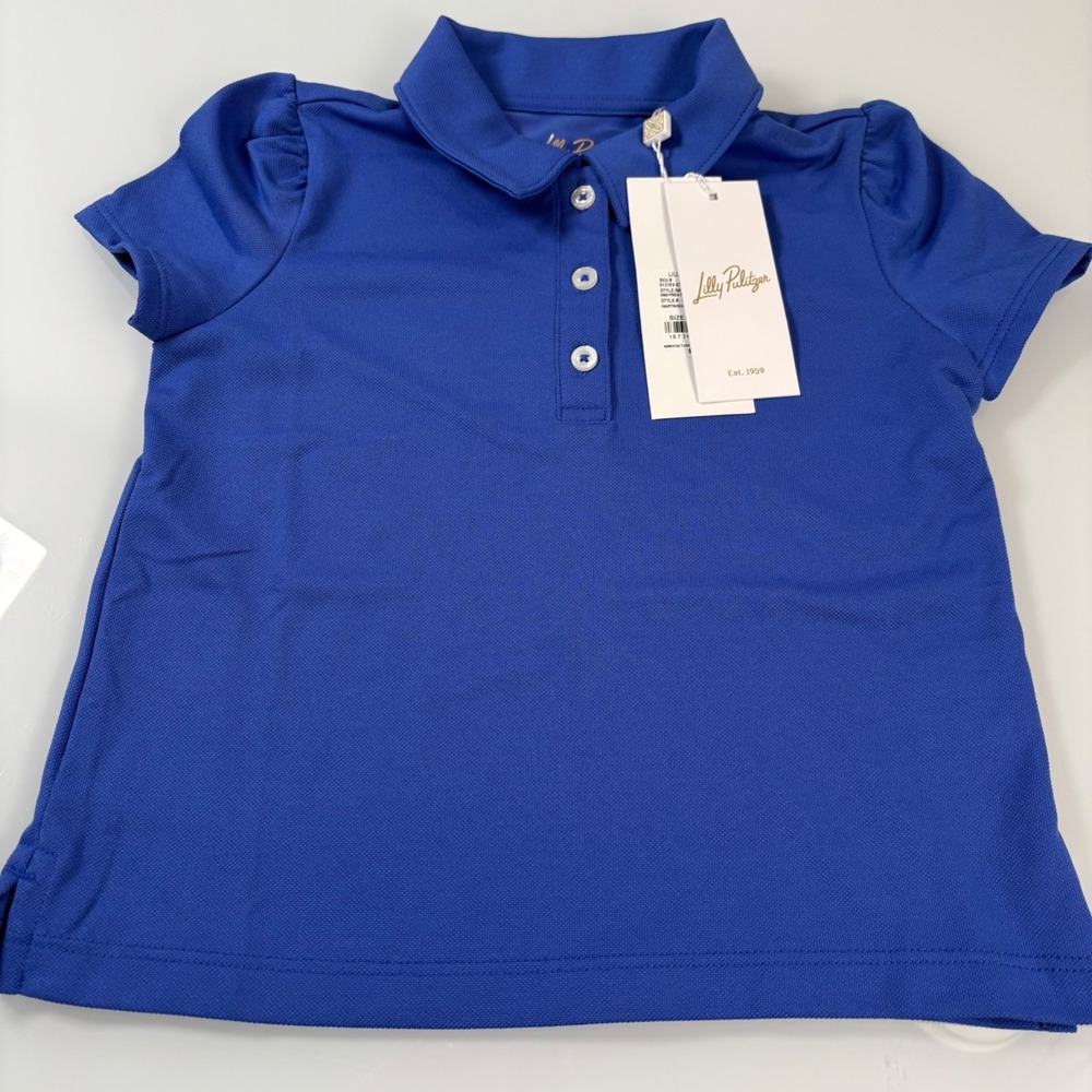 Lilly Pulitzer Girls S 4-5 Blue Polo Shirt NWT Mini Frida Puff Sleeve Pique Top